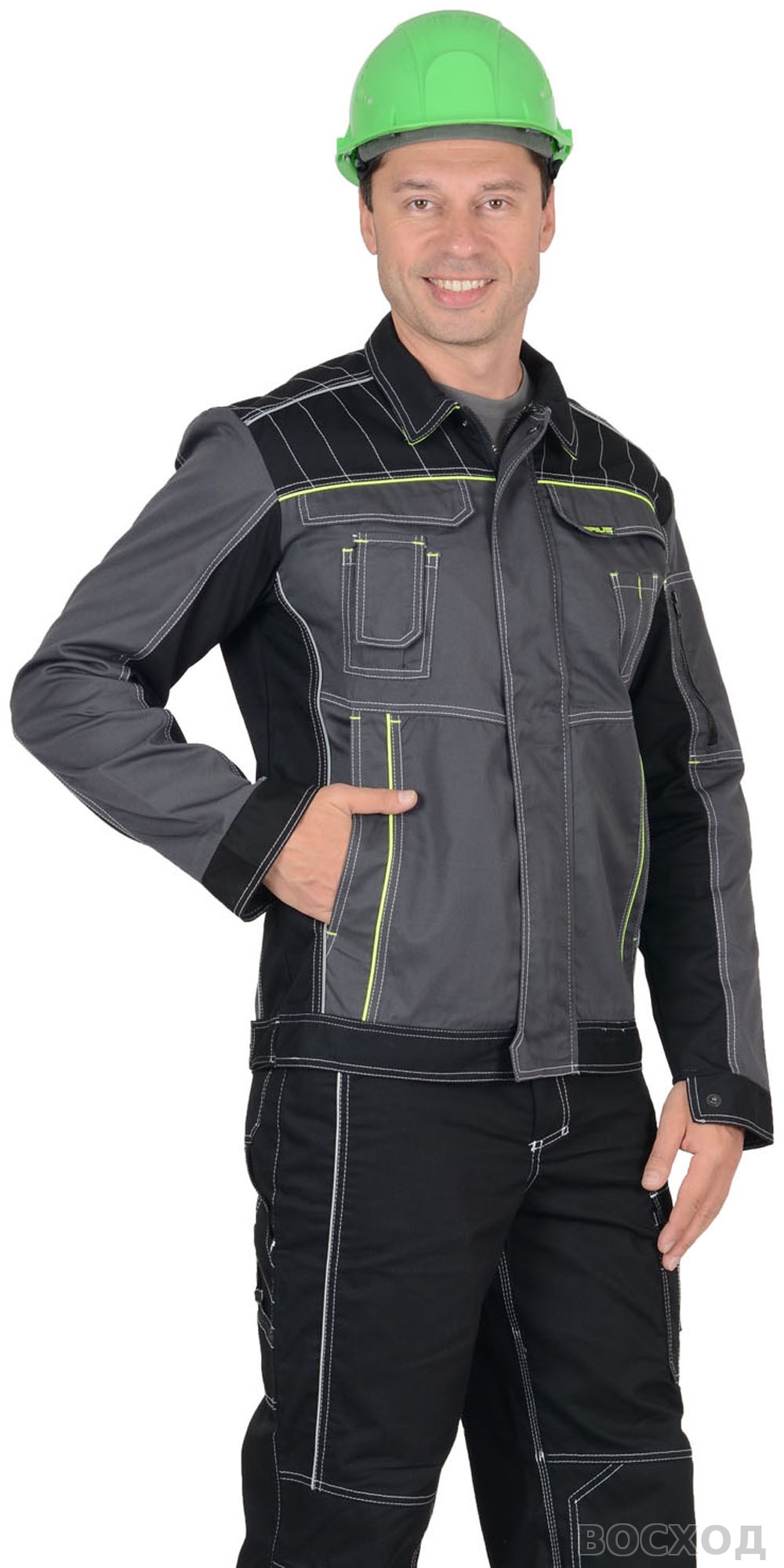 Куртка СИРИУС-ПРЕСТИЖ короткая, темно-серая с лимонным кантом