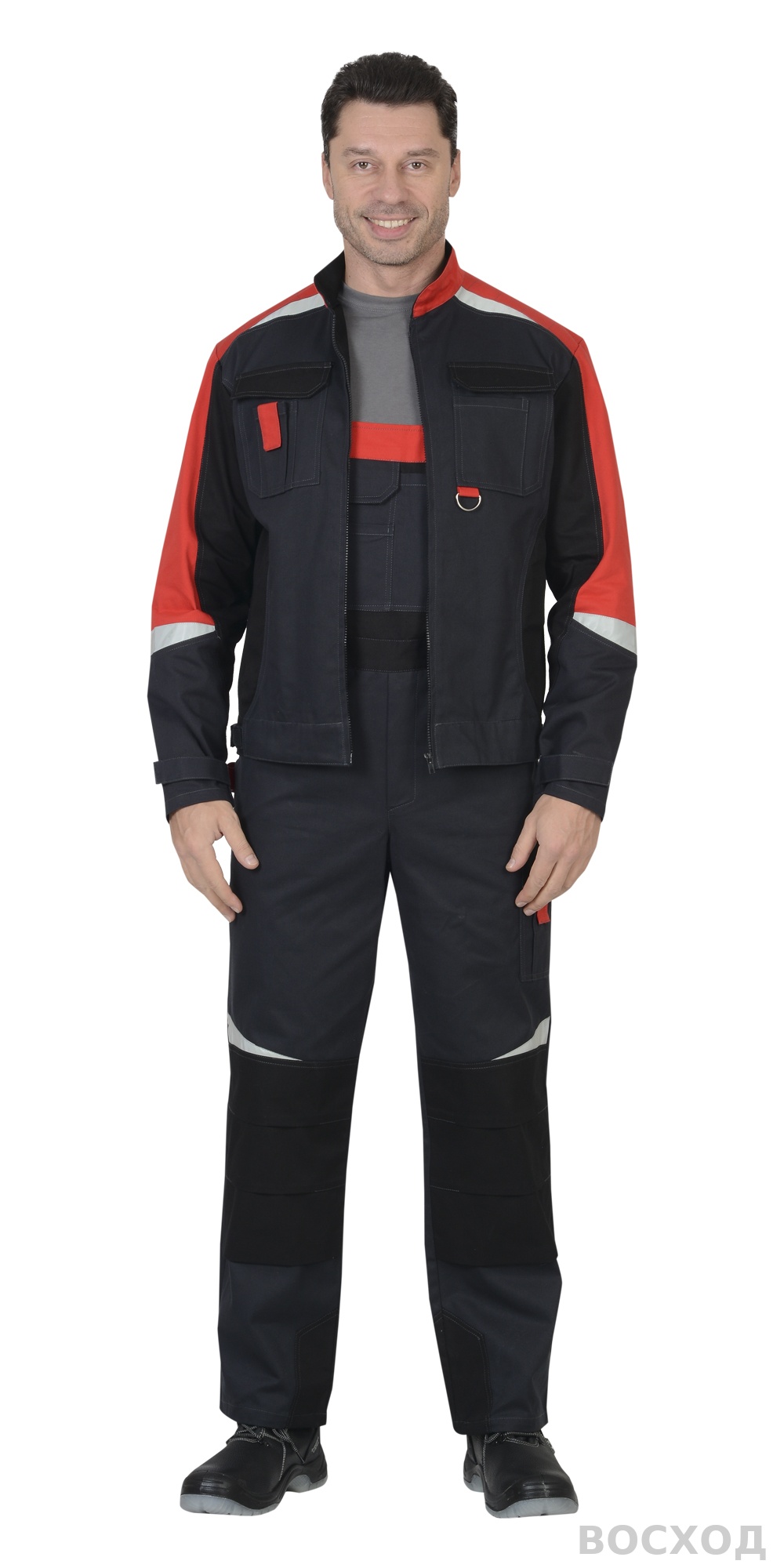 Костюм СИРИУС-ФАВОРИТ-МЕГА куртка, п/к, с черным и красным, СОП, 100% х/б, пл. 320 г/кв.м