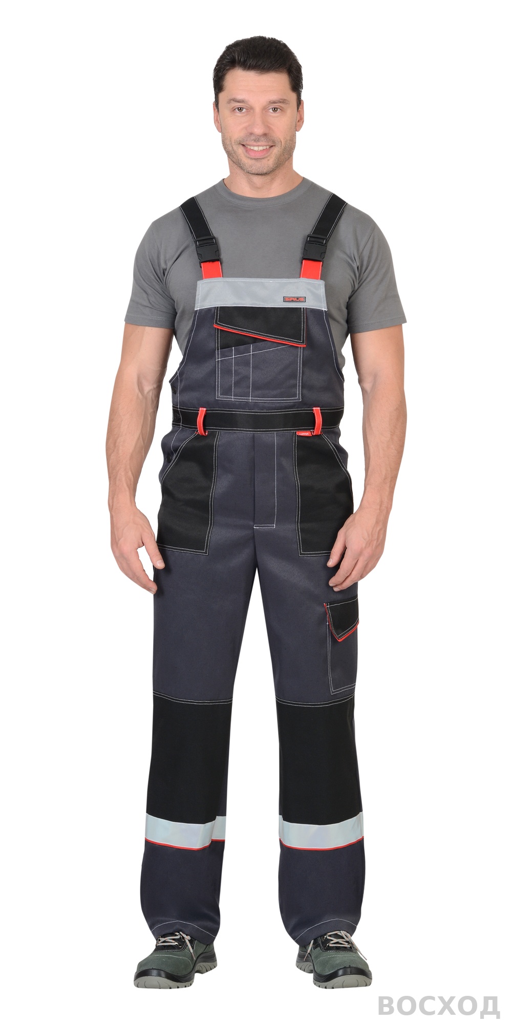 Костюм СИРИУС-ПОЛИНОМ куртка, п/к, темно- со светло-серым, черным, красным и СОП