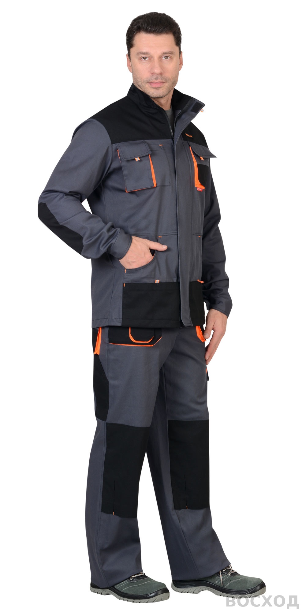 Костюм СИРИУС-МАНХЕТТЕН куртка дл., п/к т. с оранж. и черным тк. стрейч пл. 250 г/кв.м