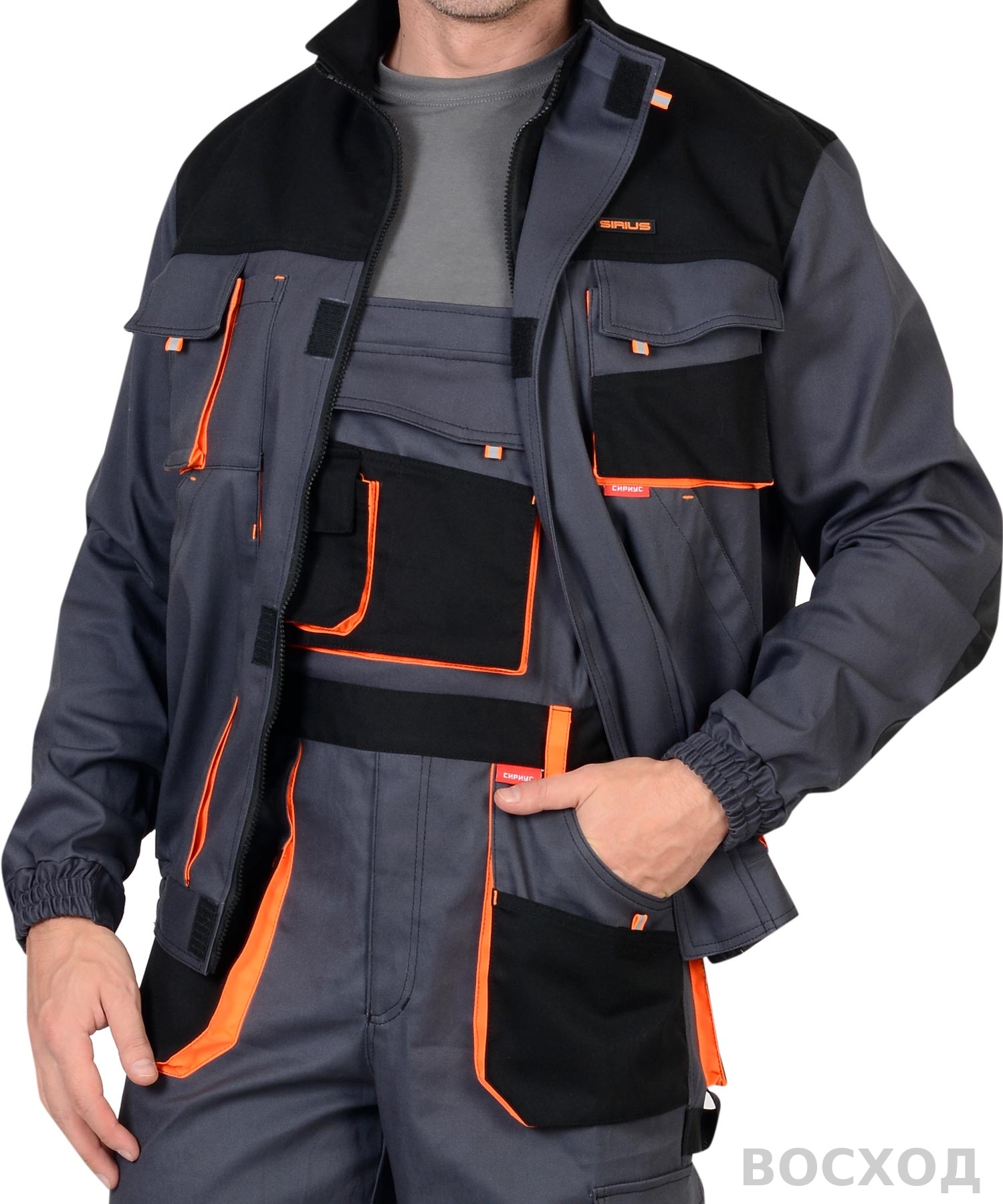 Костюм СИРИУС-МАНХЕТТЕН куртка, п/к т. с оранж. и черным тк. стрейч пл. 250 г/кв.м