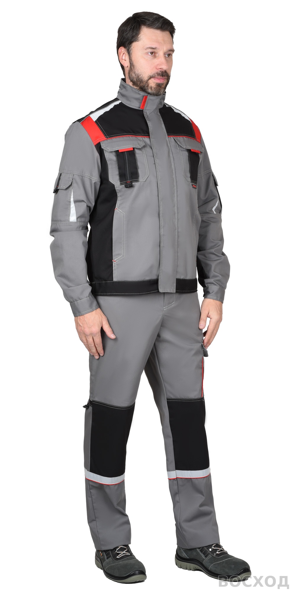 Костюм СИРИУС-СТАН куртка, п/к ср. с черной и красной отделкой