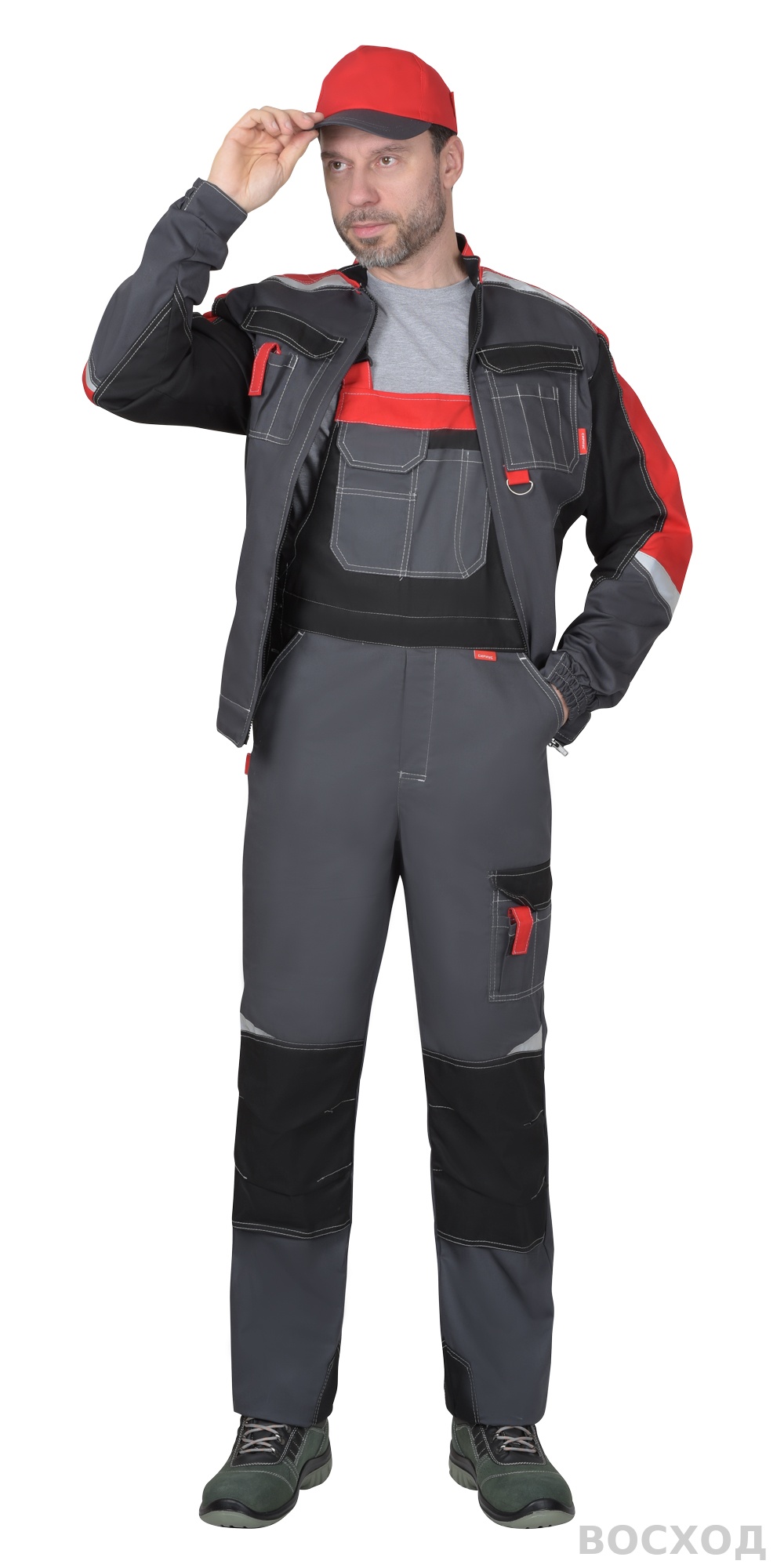 Костюм мужской летний СИРИУС-ФАВОРИТ-МЕГА куртка и полукомбинезон, с черным и красным, СОП