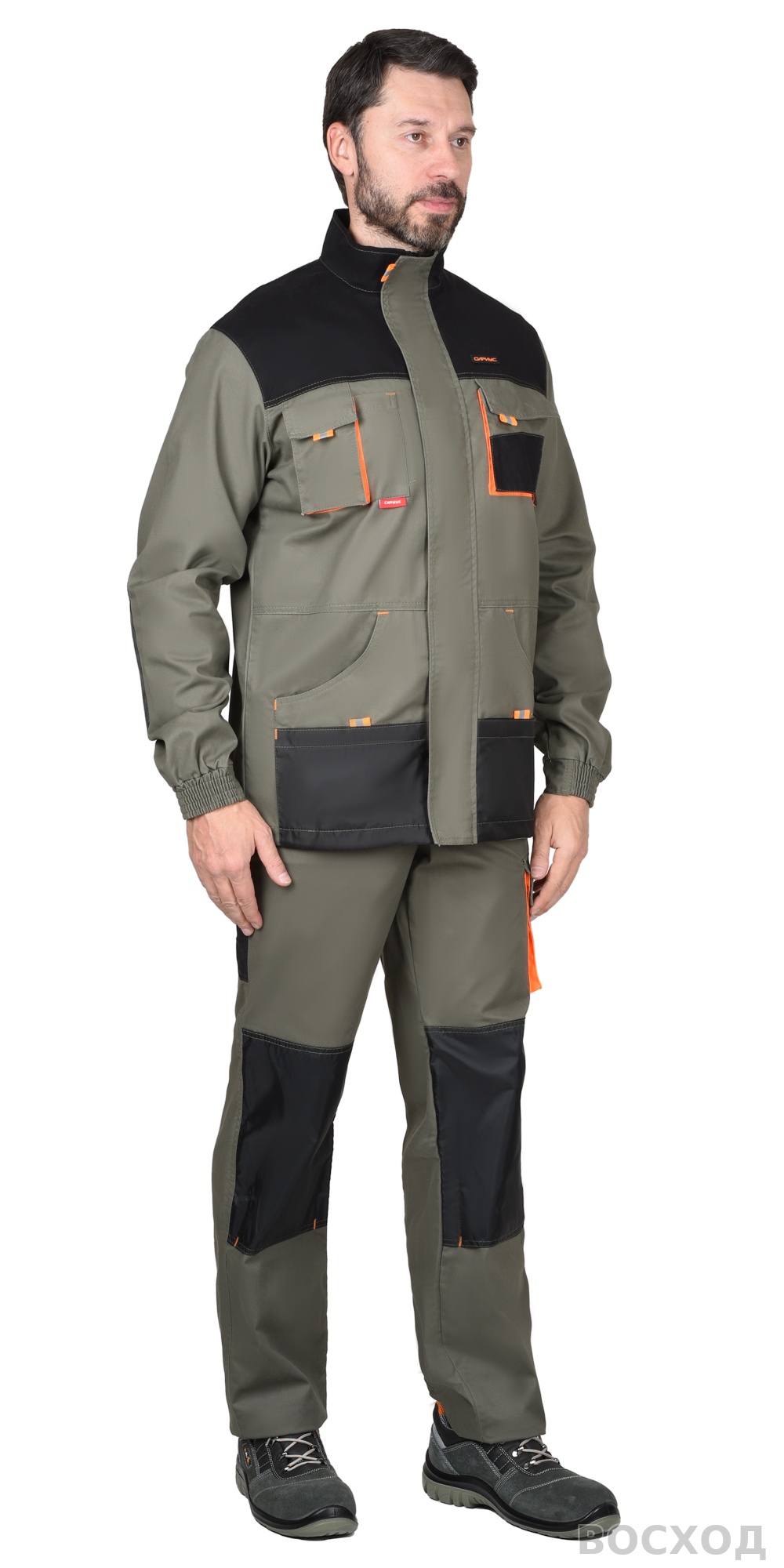 Костюм СИРИУС-МАНХЕТТЕН куртка дл., п/к олив. с оранж. и чер. тк. мех. стрейч 260 г/кв.м