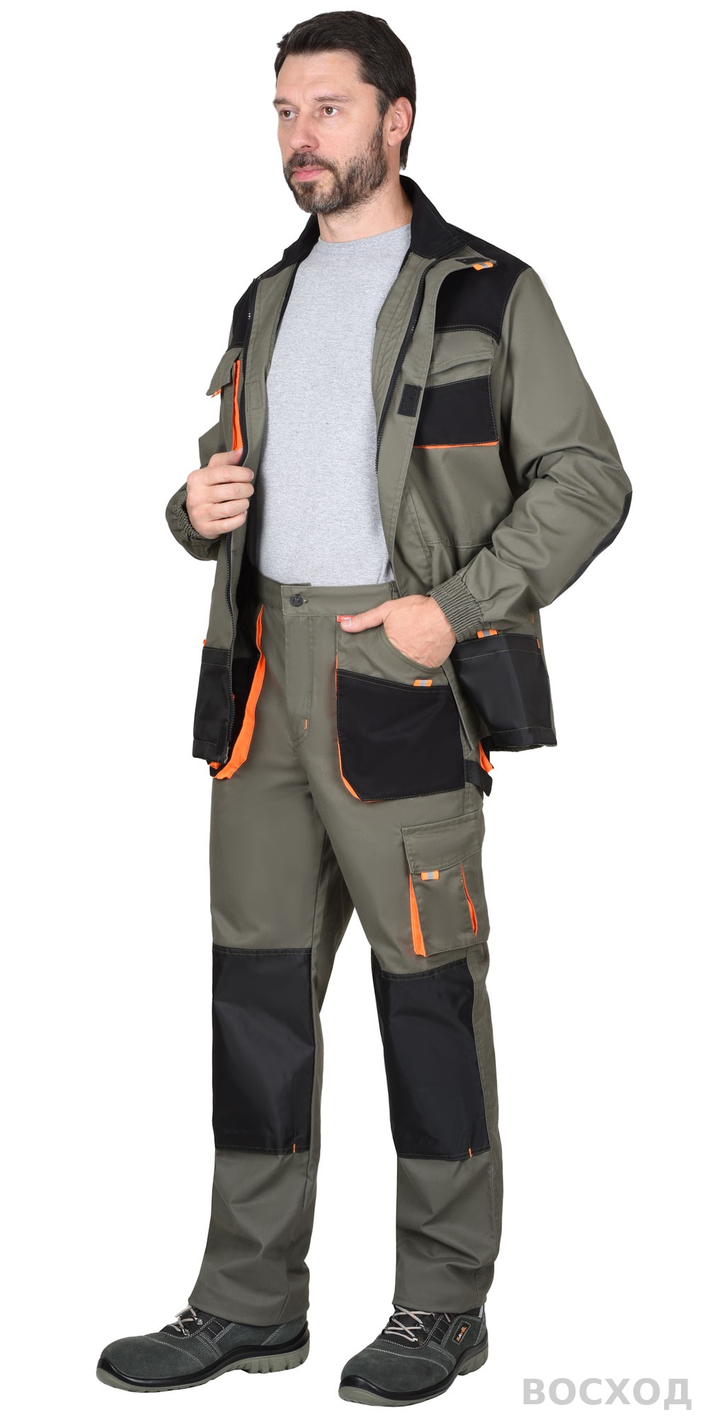 Костюм СИРИУС-МАНХЕТТЕН куртка, брюки с оранжевым и чер. тк. мех. стрейч пл 260 г/кв.м