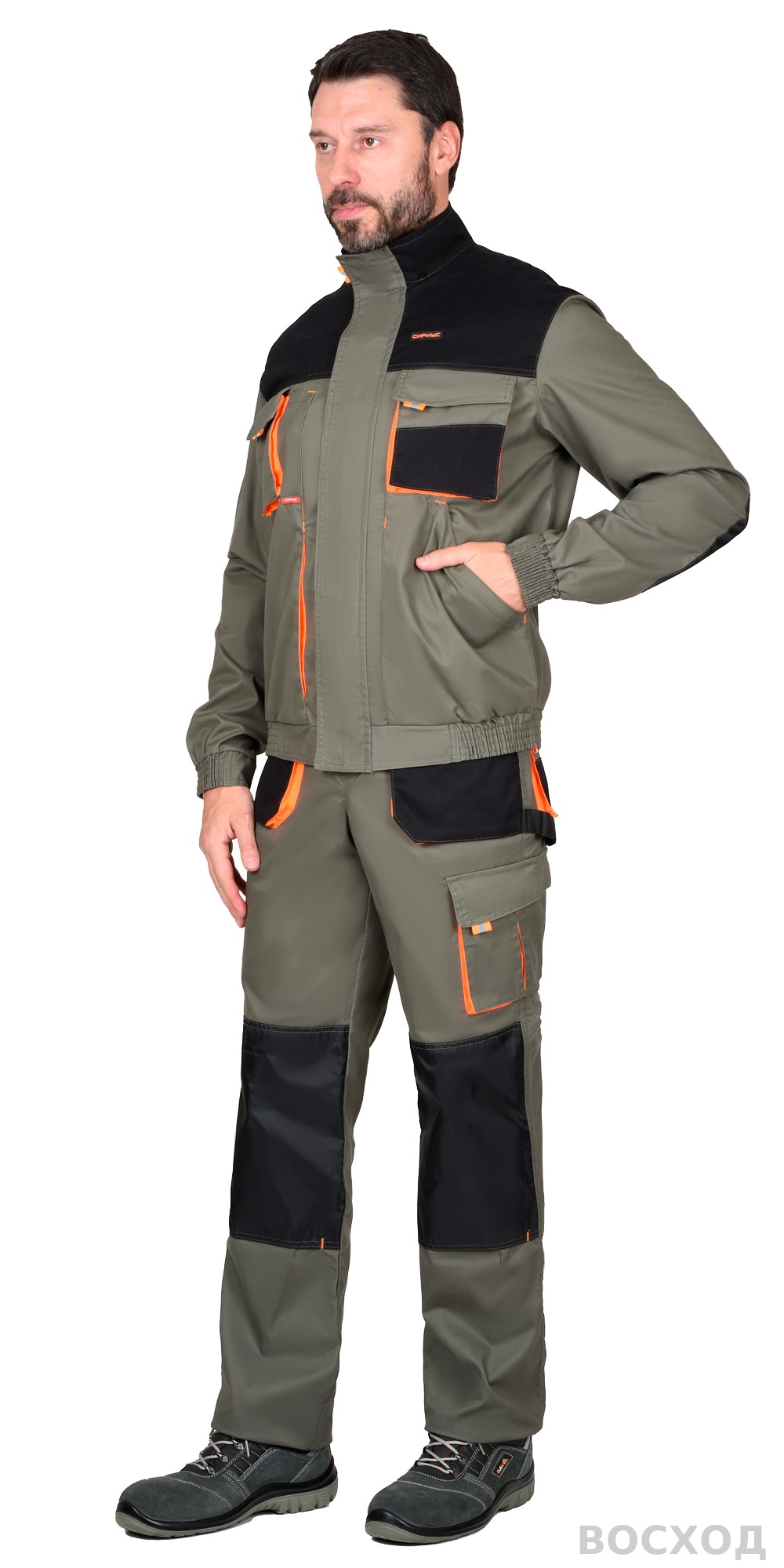 Костюм СИРИУС-МАНХЕТТЕН куртка кор., п/к с оранжевым и чер. тк. мех. стрейч пл 260 г/кв