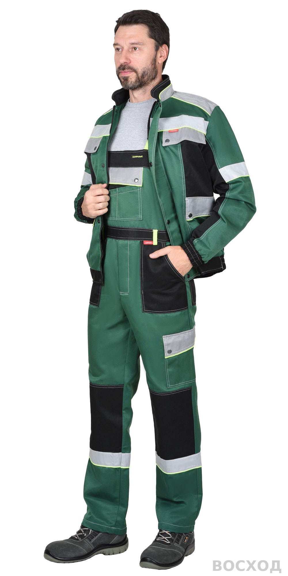 Костюм СИРИУС-ПОЛИНОМ муж., кур. кор., п/к. с черным и св.серым и СОП 50мм