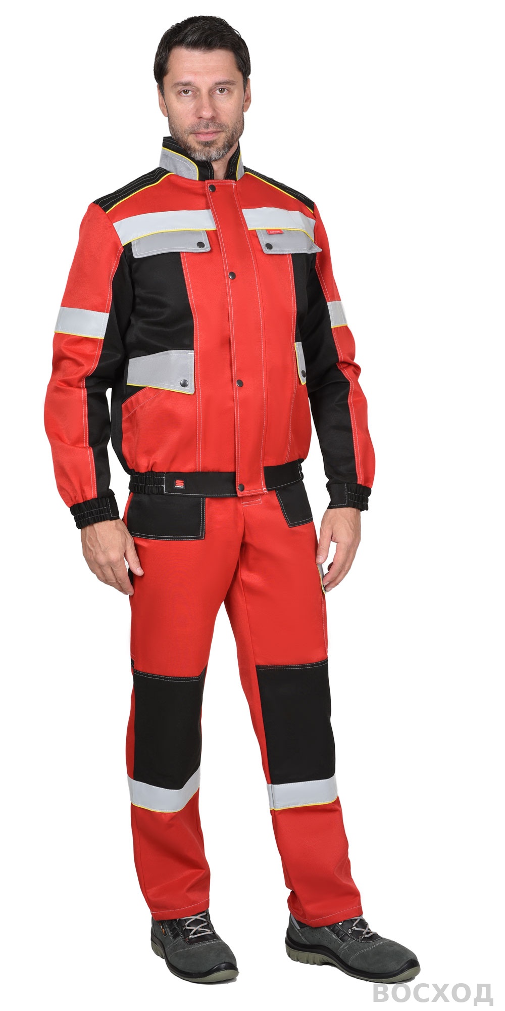 Костюм СИРИУС-ПОЛИНОМ муж.,курт.кор. п/к, черный с красным и св.серым СОП 50мм