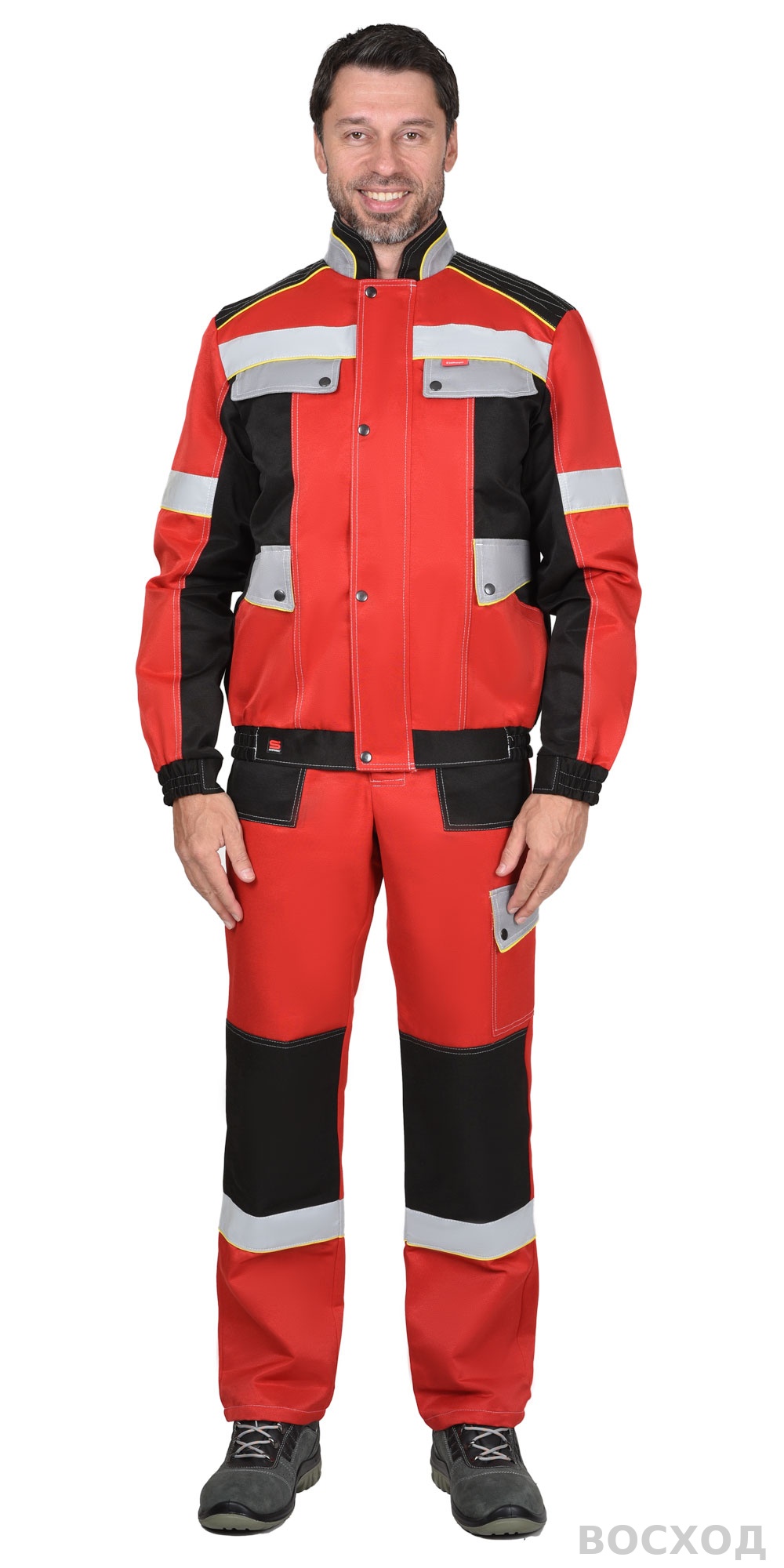 Костюм СИРИУС-ПОЛИНОМ муж.,курт.кор. п/к, черный с красным и св.серым СОП 50мм