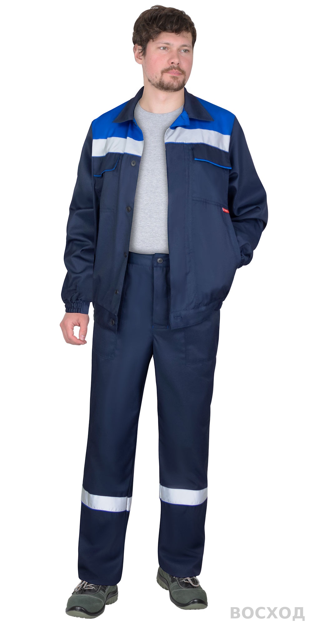 Костюм СИРИУС-МАСТЕР-РОСС куртка кор., брюки, темно- с васильковым и СОП