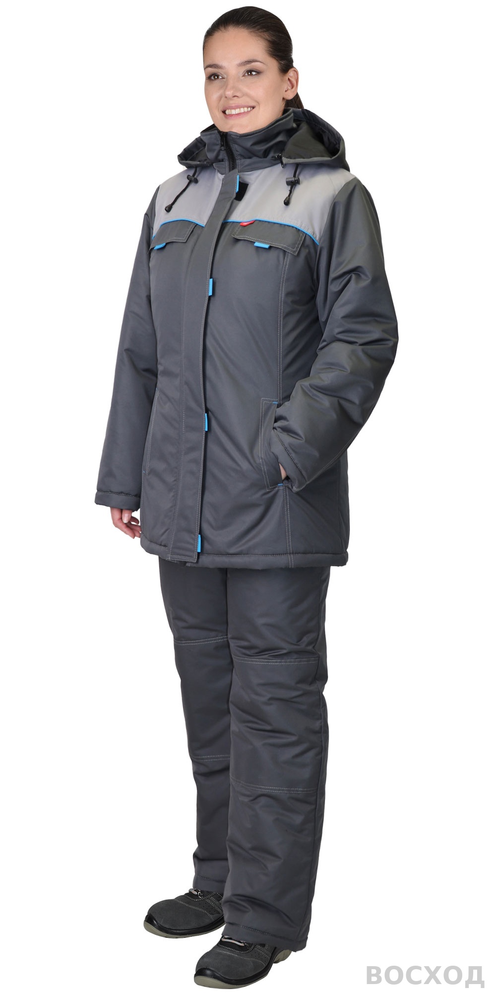 Костюм СИРИУС-ФАВОРИТ женский зимний, куртка, брюки т. со св.серым и голубым