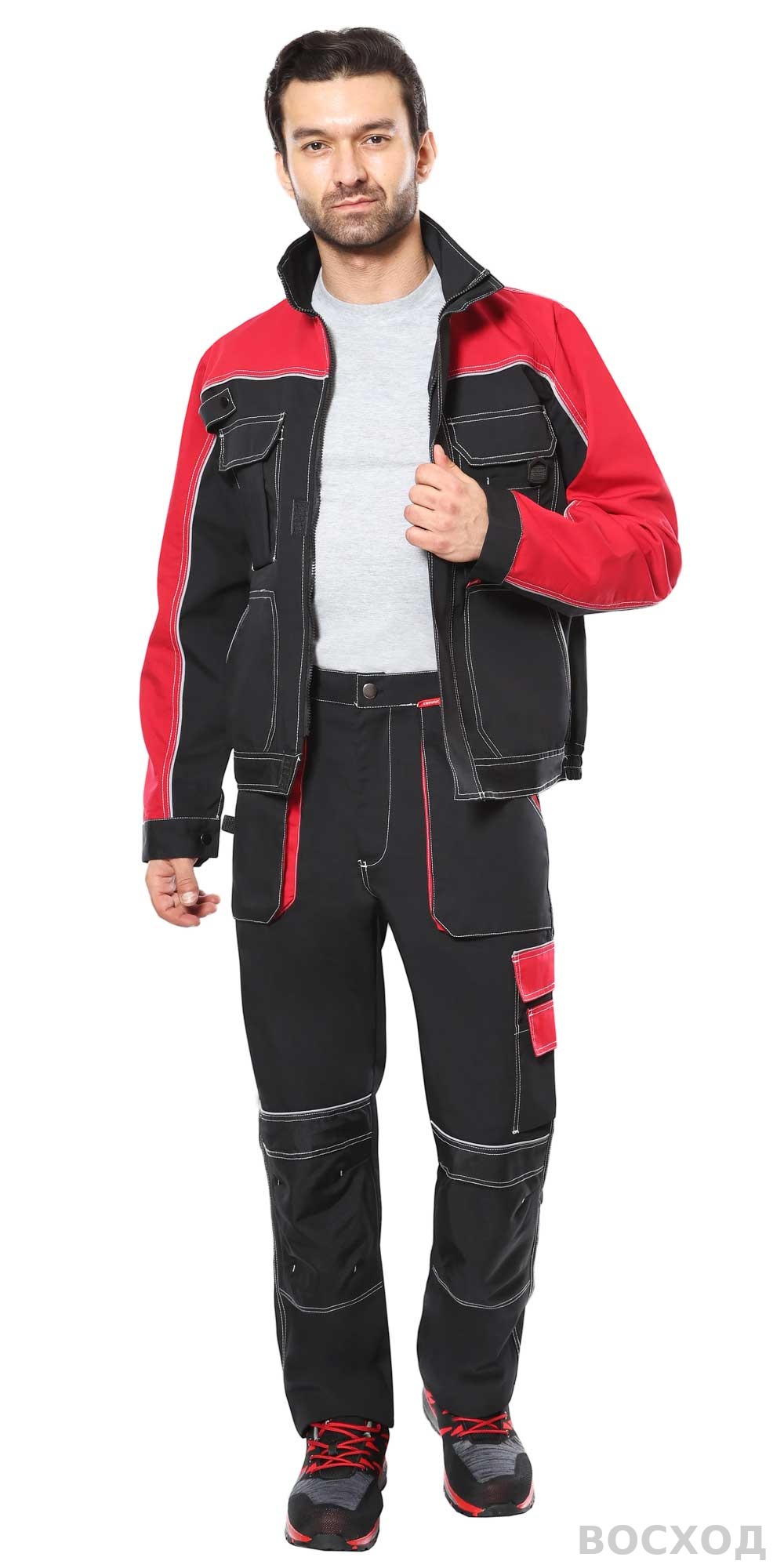 Костюм СИРИУС-АГАТ куртка, брюки черный с красным пл. 260 г/кв.м. ВО отделка