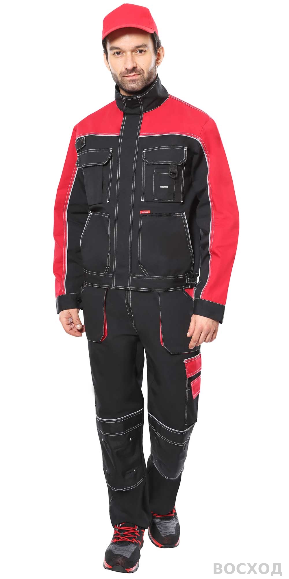 Костюм СИРИУС-АГАТ куртка, п/к черный с красным пл. 260 г/кв.м. ВО отделка