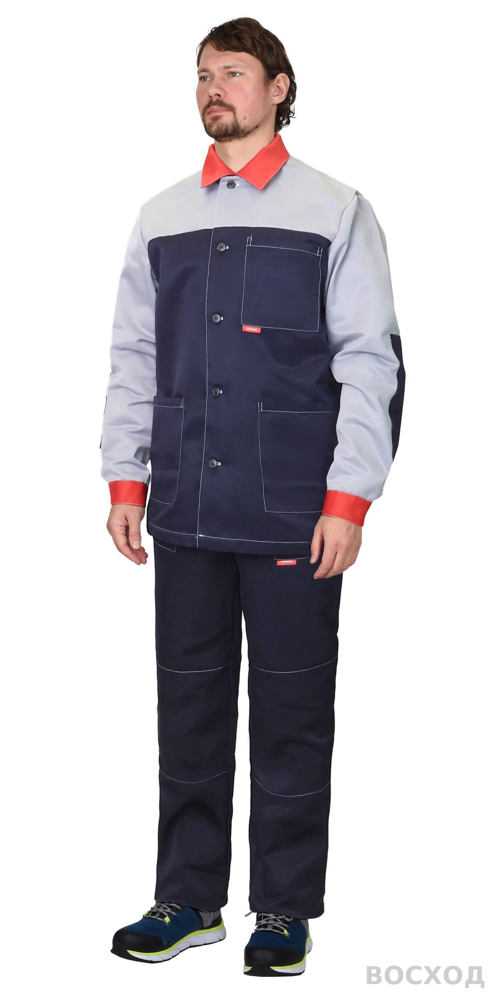 Костюм СИРИУС-АСПЕКТ куртка длинная, брюки, темно- со светло-серым с красной отделкой