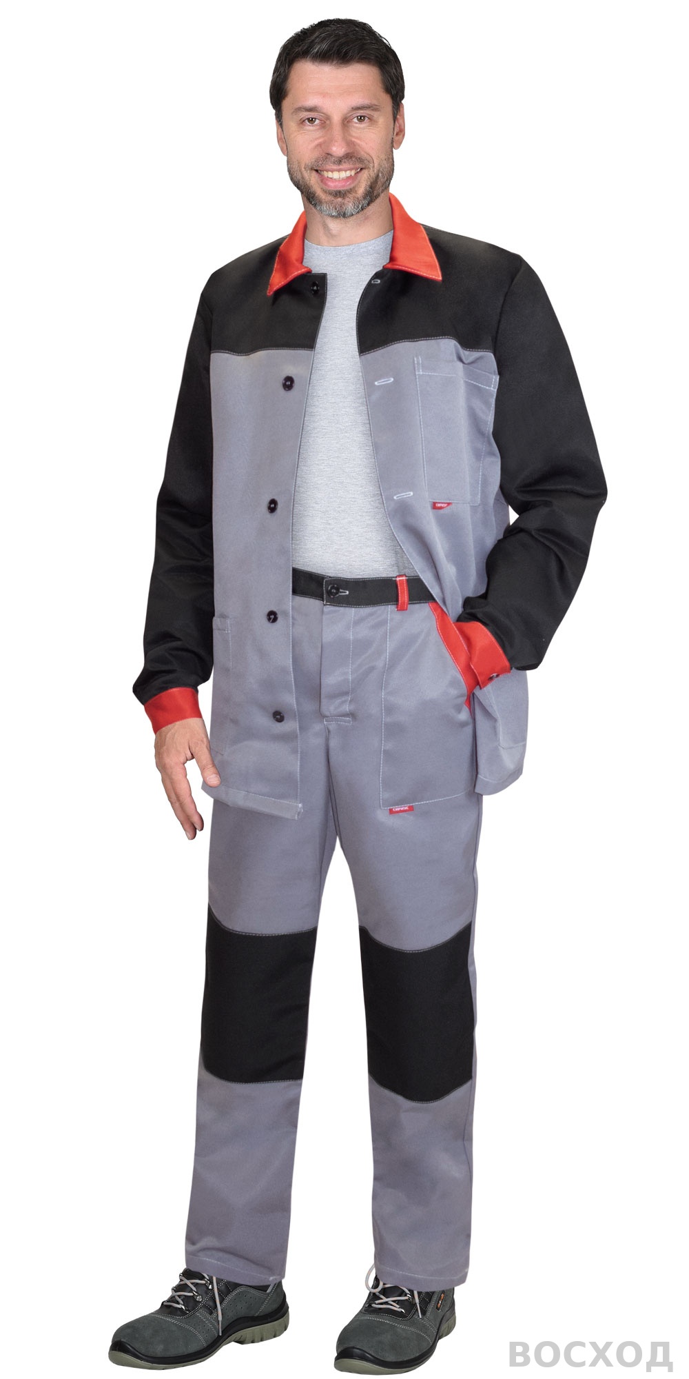 Костюм СИРИУС-АСПЕКТ куртка длин., брюки, средне- с черным и красной отделкой