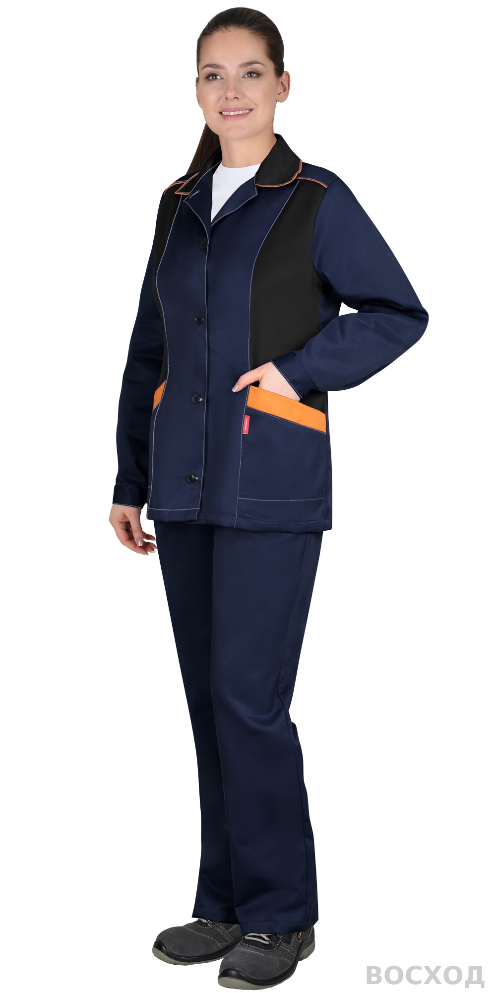 Костюм СИРИУС-ЗОЛУШКА женский, куртка, брюки, темно- с черным и оранжевой отделкой