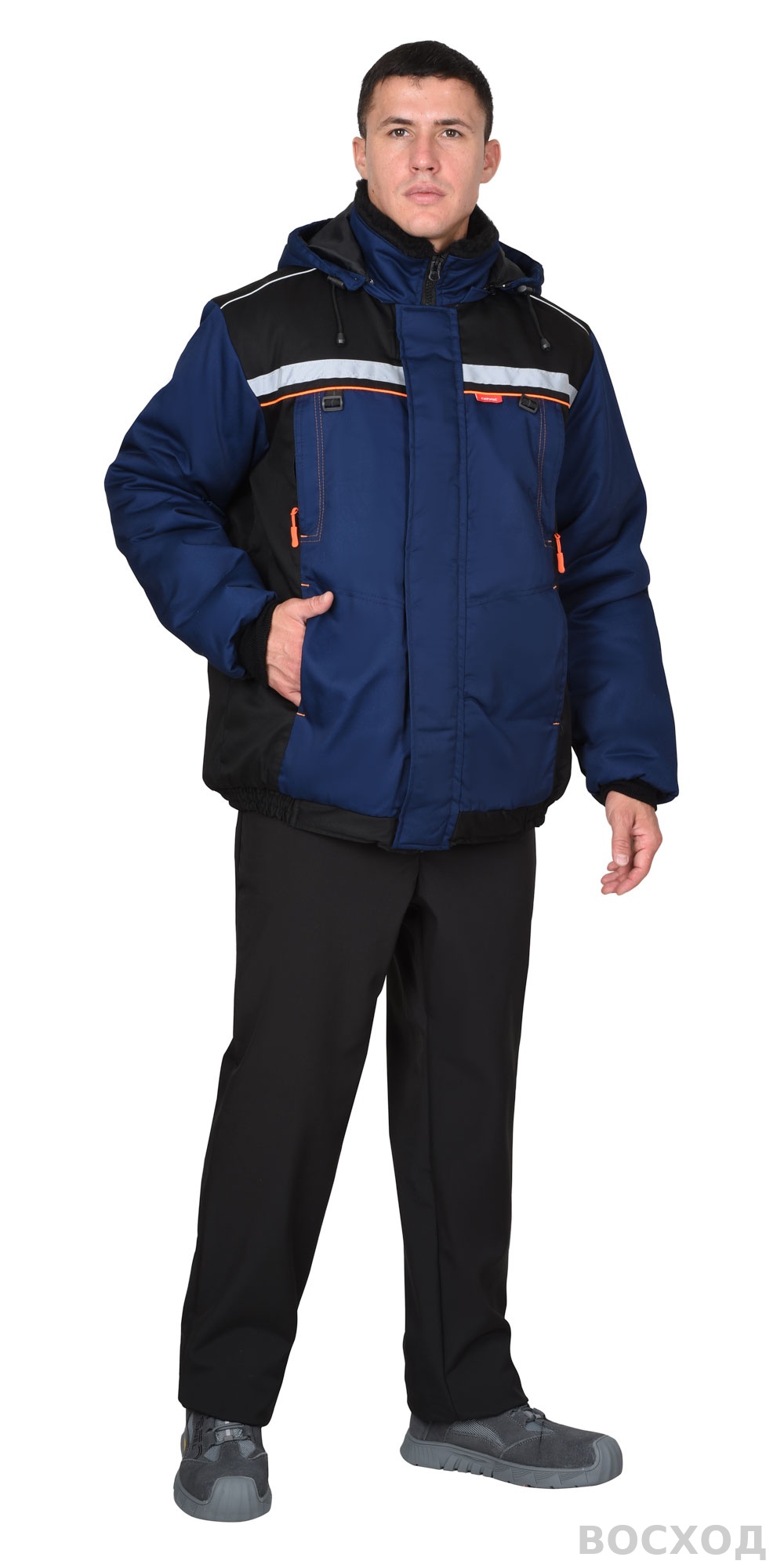 Куртка СИРИУС-ПРАКТИК зимняя кор. темно-синяя с черным и оранжевым кантом и СОП, мех. ворот