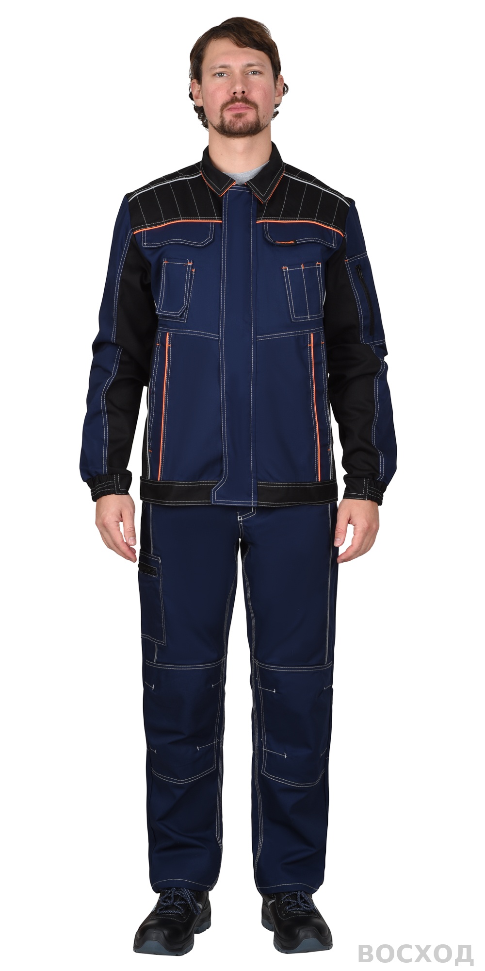 Костюм СИРИУС-ПРЕСТИЖ куртка, п/к, с черным и оранжевой отделкой