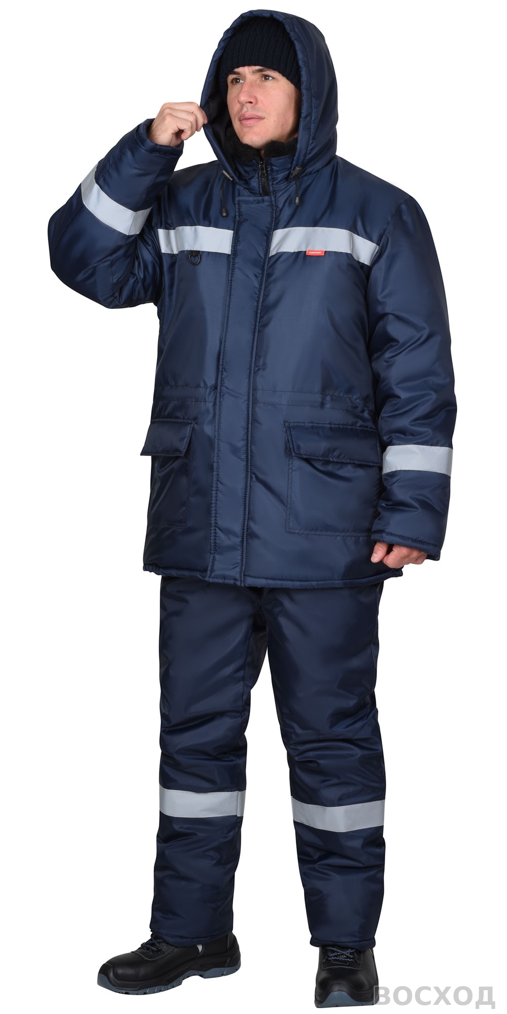 Куртка СИРИУС-БРИГАДИР зимняя, синяя с СОП, мех. ворот, капюшон (утеплитель 600 гр)