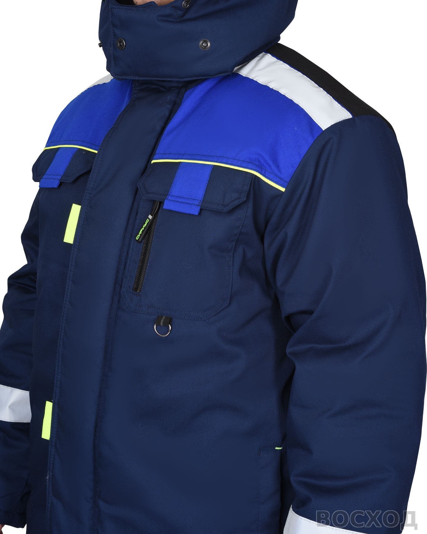 Костюм СИРИУС-БОСТОН-РОСС зимний, куртка длинная, п/к, с васильковым, чёрной отделкой и СОП