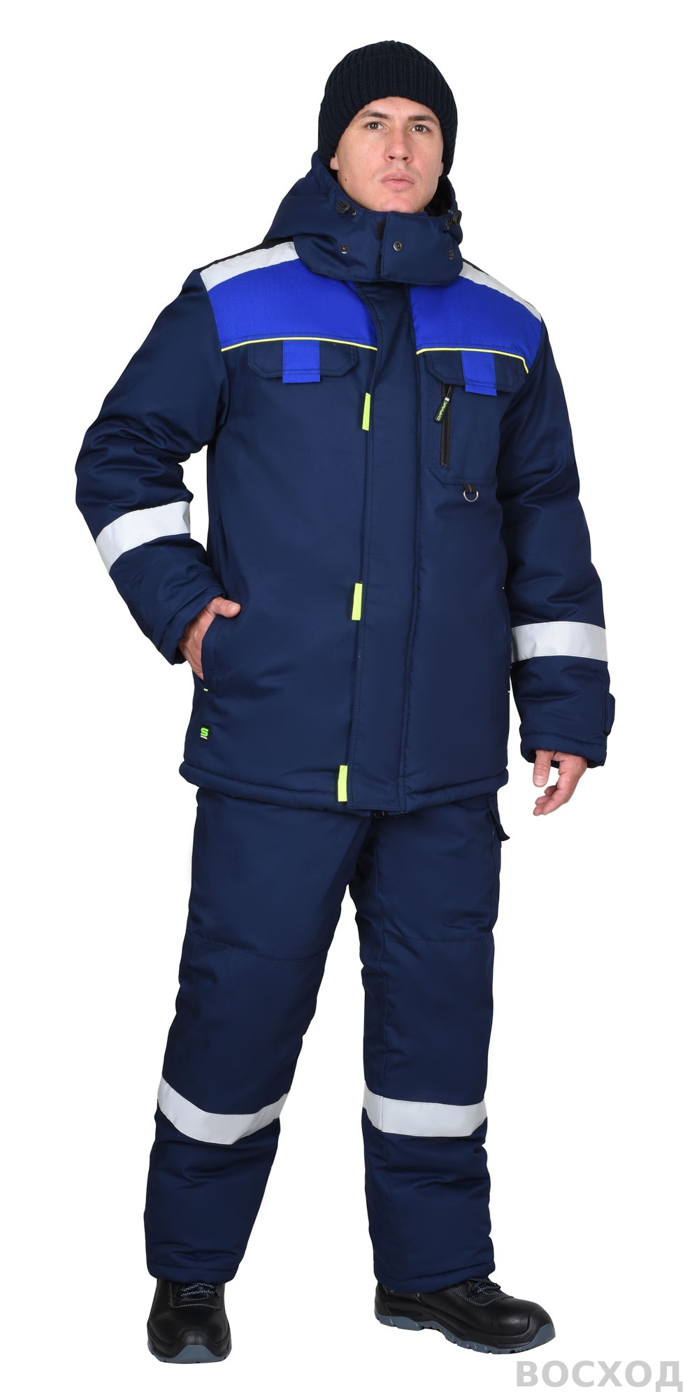 Костюм СИРИУС-БОСТОН-РОСС зимний, куртка длинная, п/к, с васильковым, чёрной отделкой и СОП