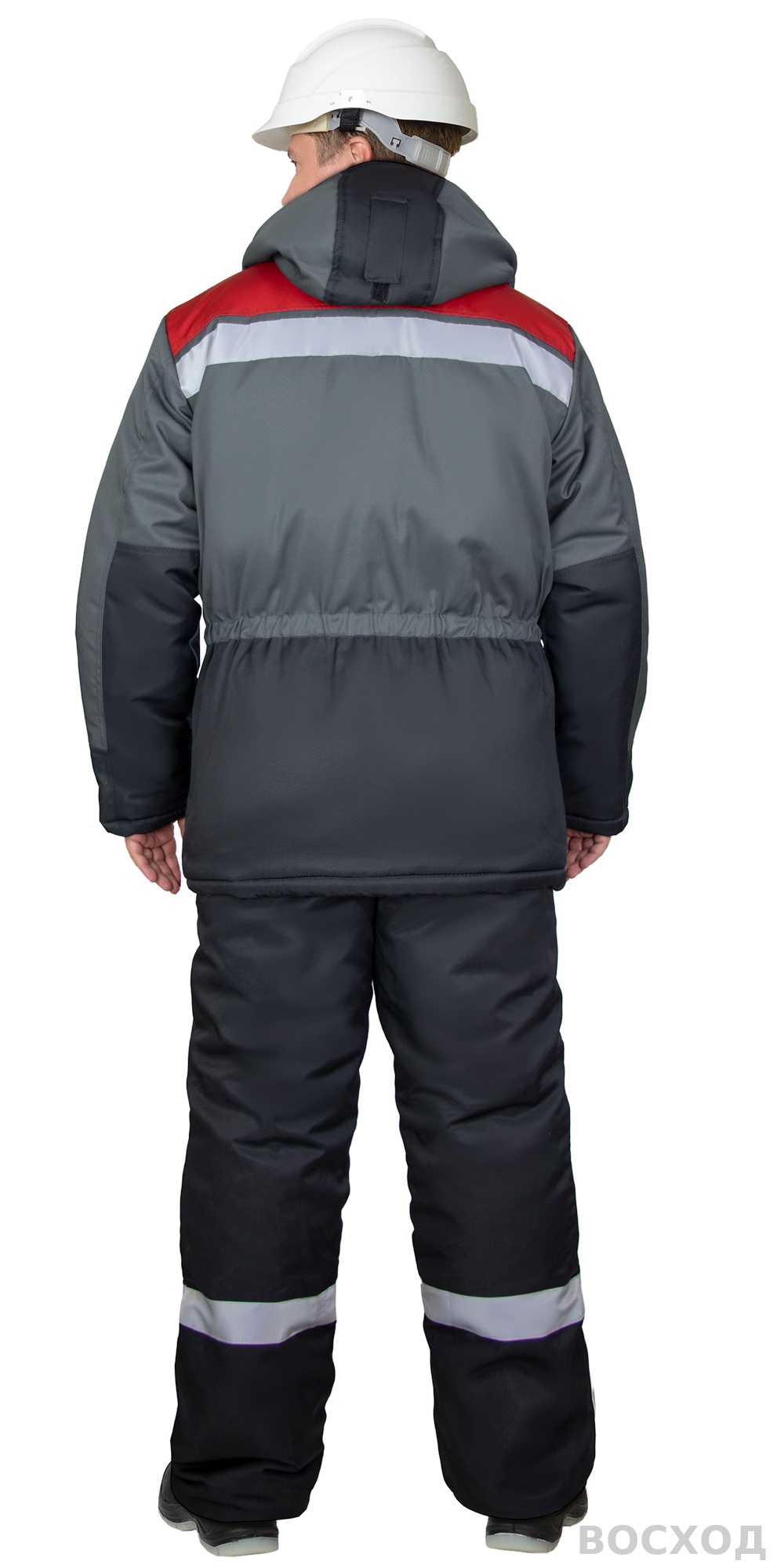 Костюм СИРИУС-ПАРИТЕТ-РОСС зимний, куртка длинная, брюки, черный с темно-серым, красным и СОП