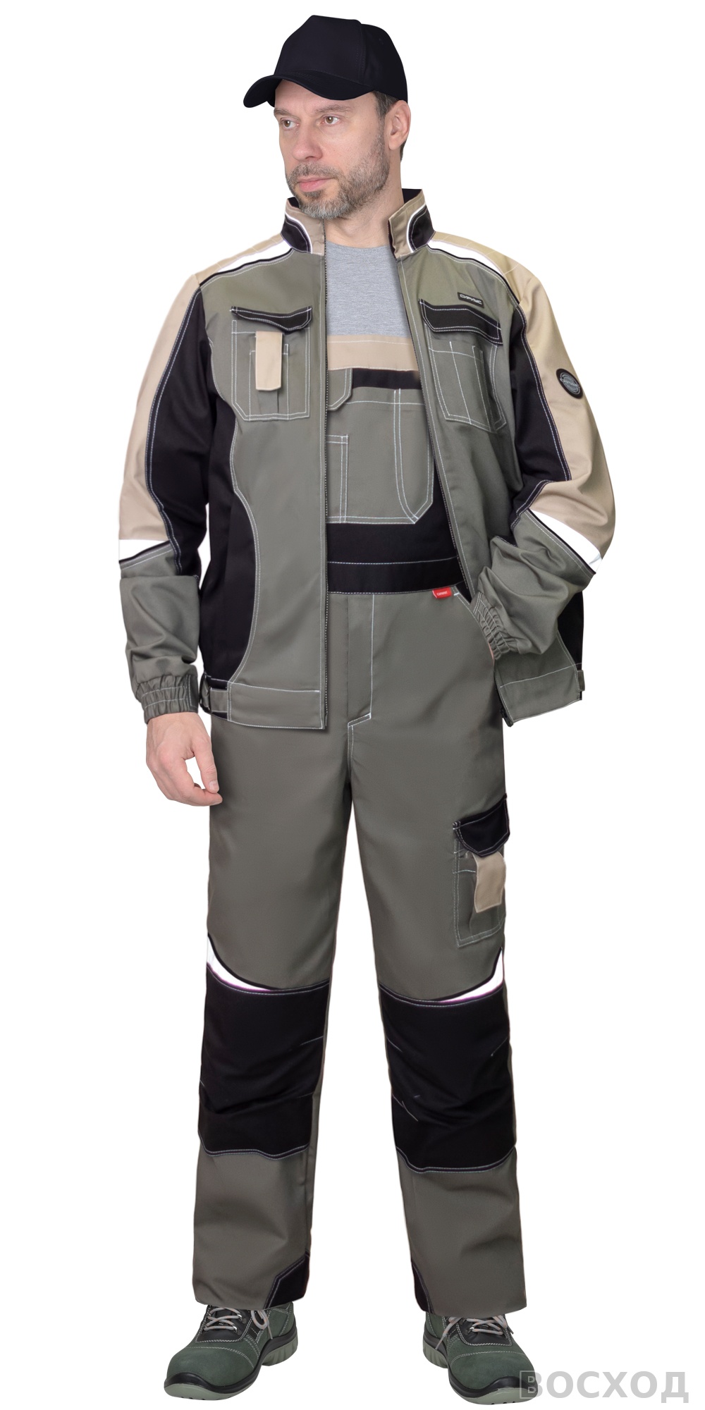 Костюм СИРИУС-КАСПИЙ куртка, полукомбинезон, с черным и песочным, СОП