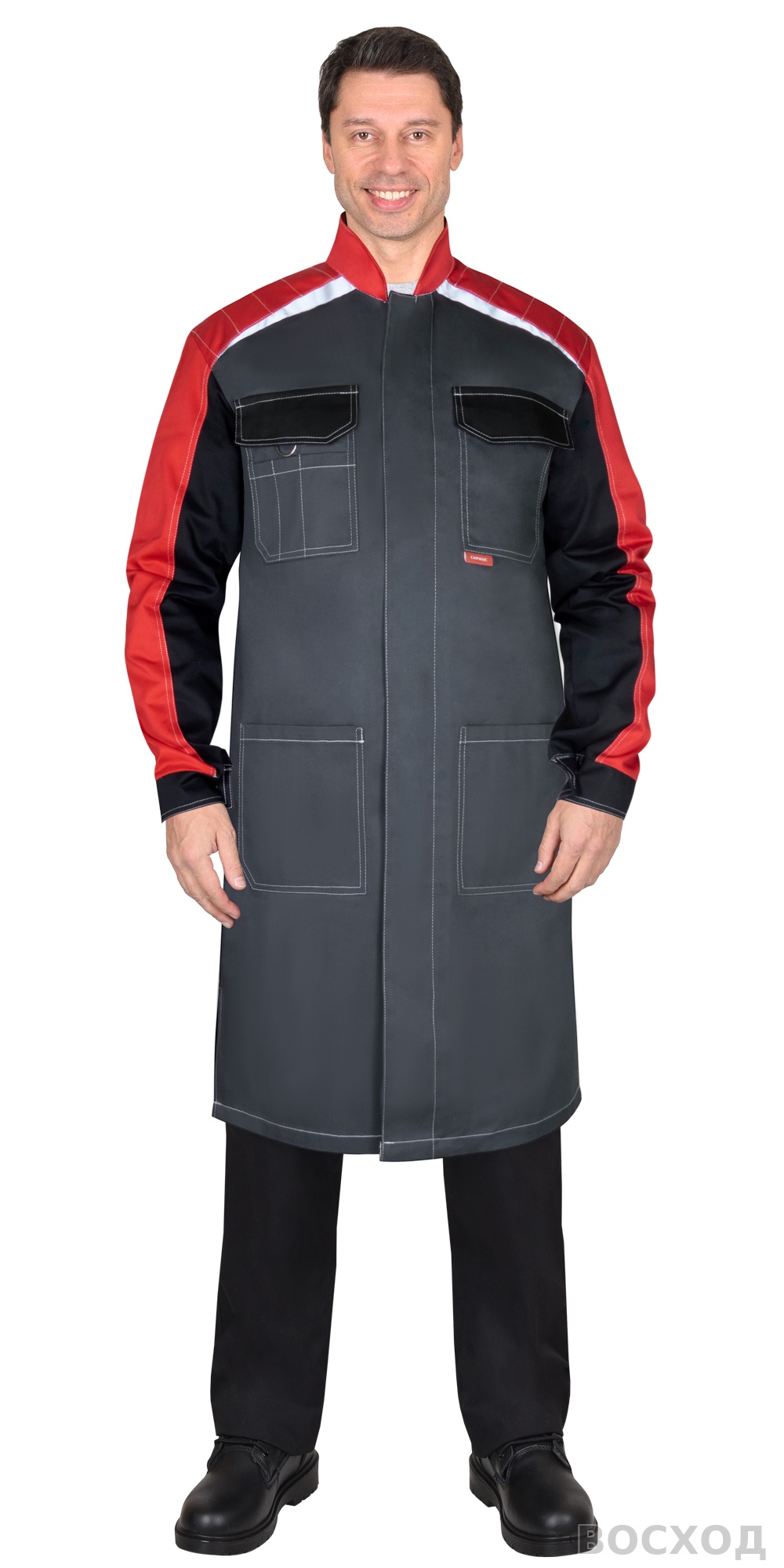 Халат СИРИУС-ФАВОРИТ-МЕГА мужской, тёмно- с черным и красной отделкой