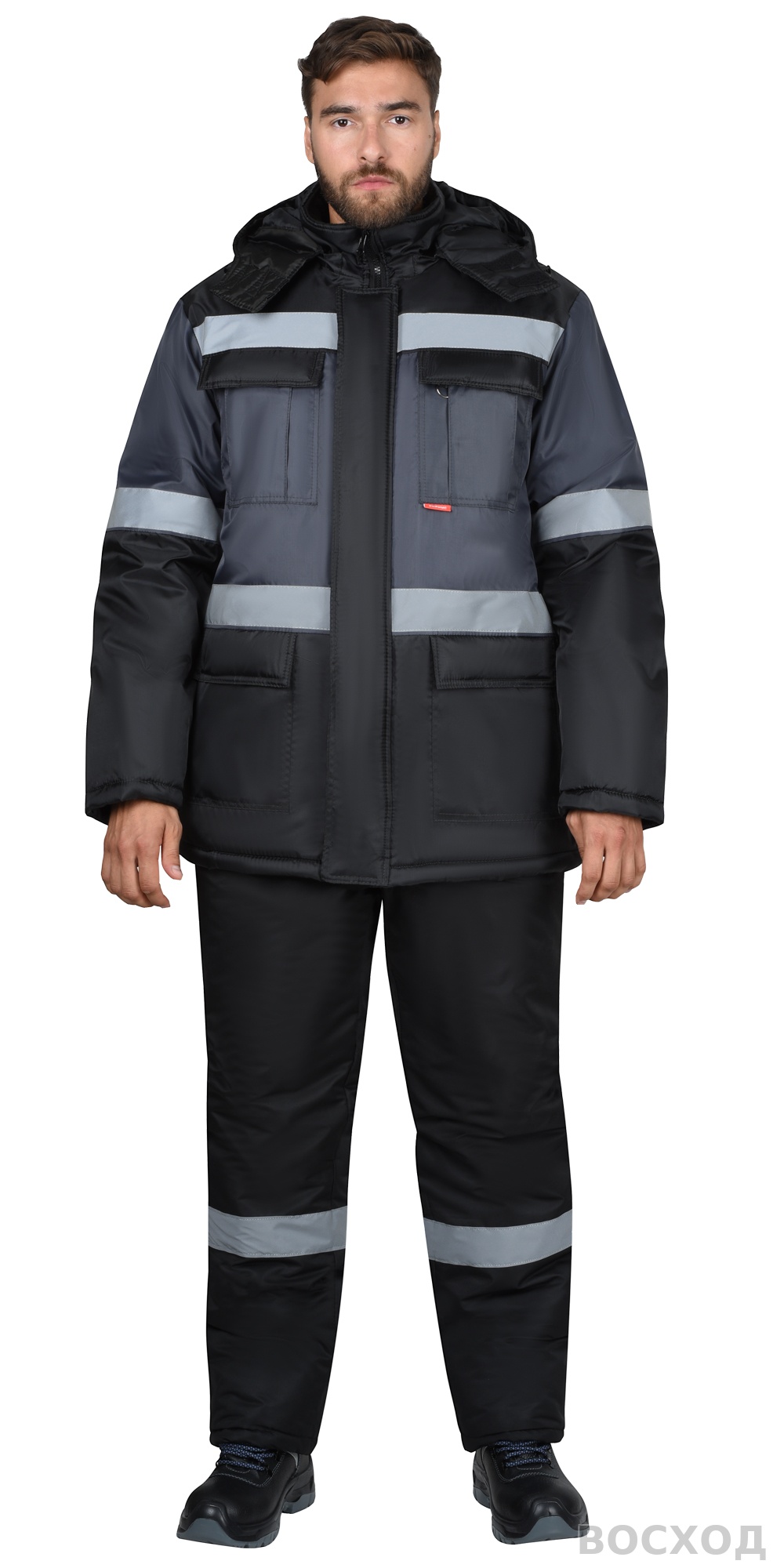 Костюм СИРИУС-ТЕРМИНАЛ зимний, куртка, п/к, черный с темно-серым и СОП